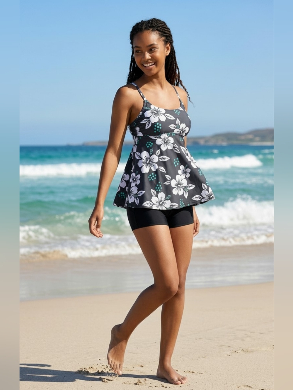 Floral Peplum Tankini Swim Top in Black and White